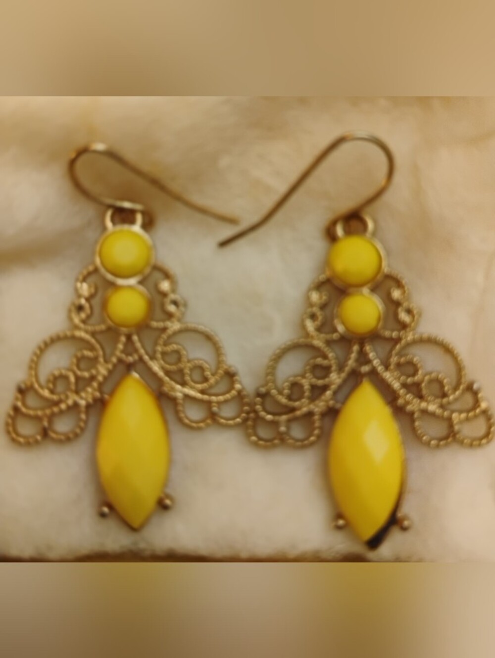 Vintage Gold Filigree Drop Earrings with Yellow Stones